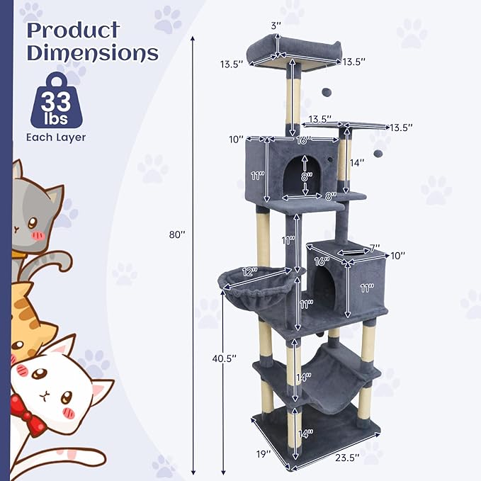 Tangkula 80 Inch Tall Cat Tree, Multi-Level Cat Tower with Sisal Scratching Posts, 2 Condos, Plush Perch, Hammock, Basket, Dangling Toys, Cat Climbing Furniture for Indoor Cats (Dark Gray)