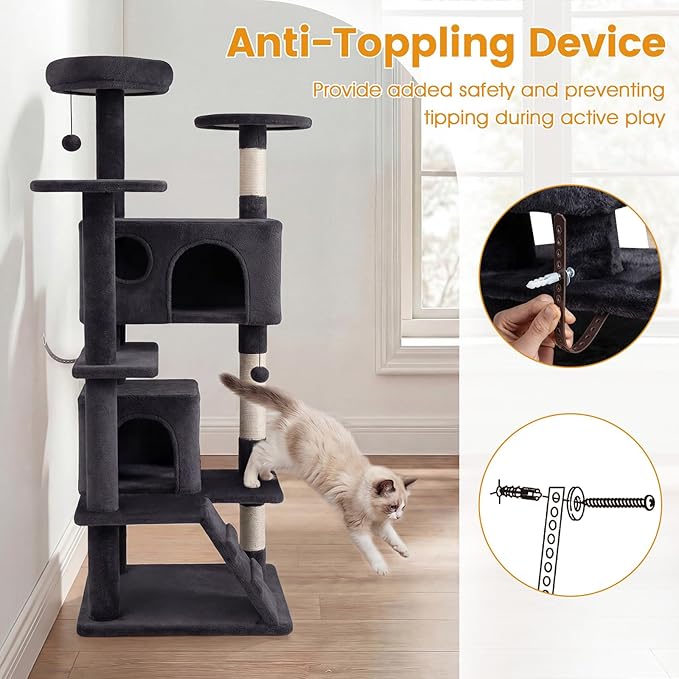 PETSITE 52-inch Cat Tree, Multi-Level Cat Tower with Sisal Scratching Posts, 2 Comfy Condos, Plush Padded Soft Top Perch, Dangling Balls, and Climbing Ladder, Ideal for Indoor Cats (Dark Grey)