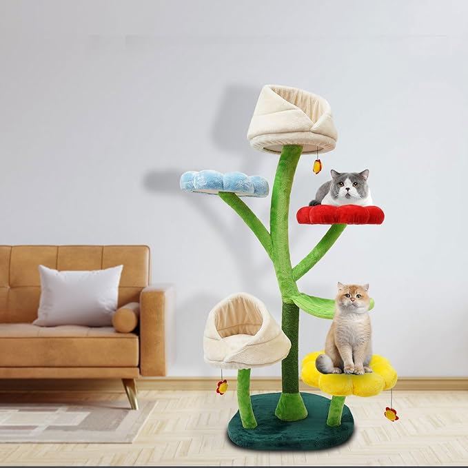Flower Cat Tree, Cute Cat Tower with 3 Flower Platforms - 2 Nest, 6-Tiers Freestanding 63.8 InchTall Multi-Level Climbing Tree for Indoor Cats, Easy Assembly, Colorful
