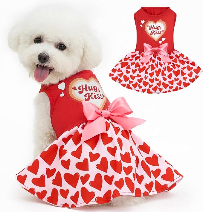 XPUDAC Valentine Dog Dress Heart Print Dog Dress for Small Dogs Girls Holiday Party Tulle Puppy Outfit Cat Apparel-M