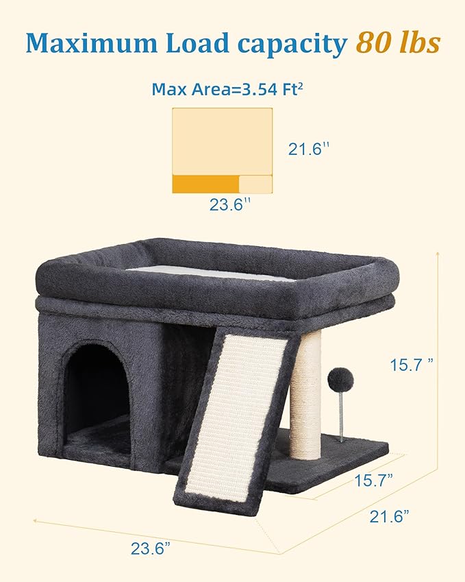 XL Cat Tree Tower for Large Adult Cats 20 lbs+, 25in Perch Bed, Condo Cave for Indoor Medium Kittens Rabbit Ferret Pet, Sisal Scratchers, Extra Large
