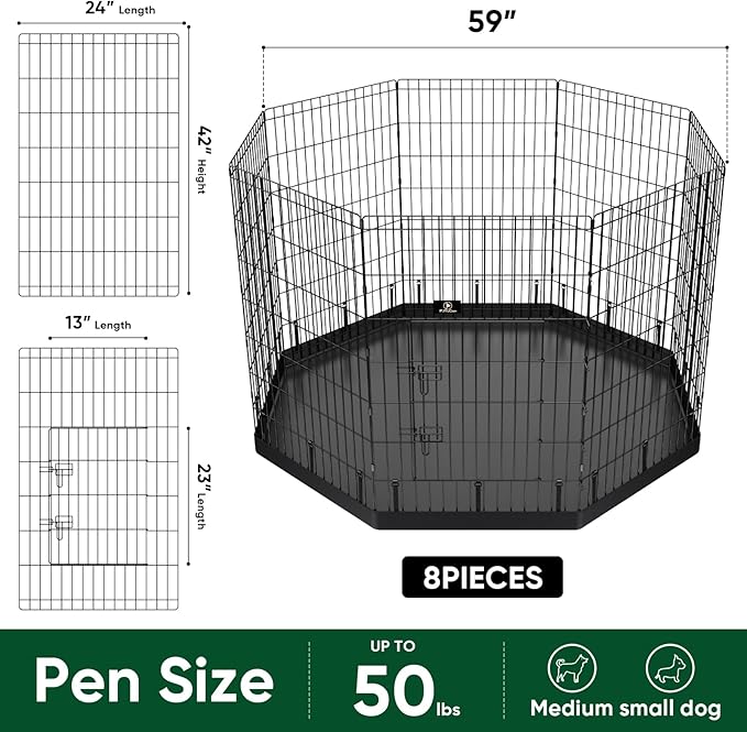 PJYuCien Dog Playpen with Bottom Pad - Metal Foldable Exercise Pen, 8 Panels 42" H x 24" W Indoor Outdoor Pet Fence Puppy Crate Kennel, Black