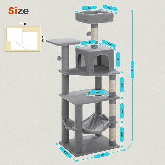 PEQULTI 56.3'' Cat Tree for Indoor Cats, Multi-Level Cat Tower with 2 Top Perch, Cat Condo, Hammock and Sisal-Covered Scratching Post, Grey