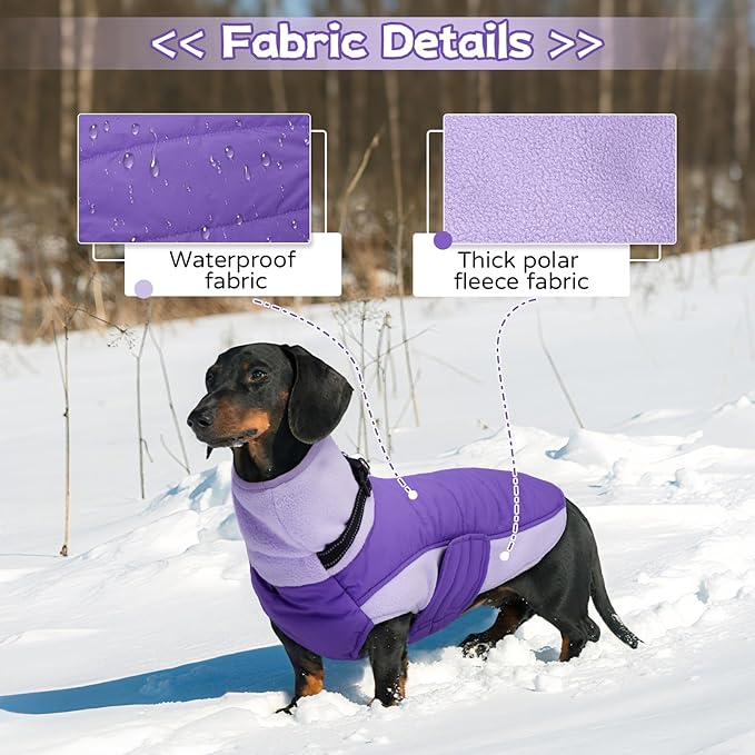 BRKURLEG Dog Coat, Turtleneck Winter Jacket with Harness for Small Medium and Large Dogs, Windproof Reflective Warm Fleece Dogs Snowsuit with Hook & Loop, Dog Coats for Cold Weather, Purple XXXL