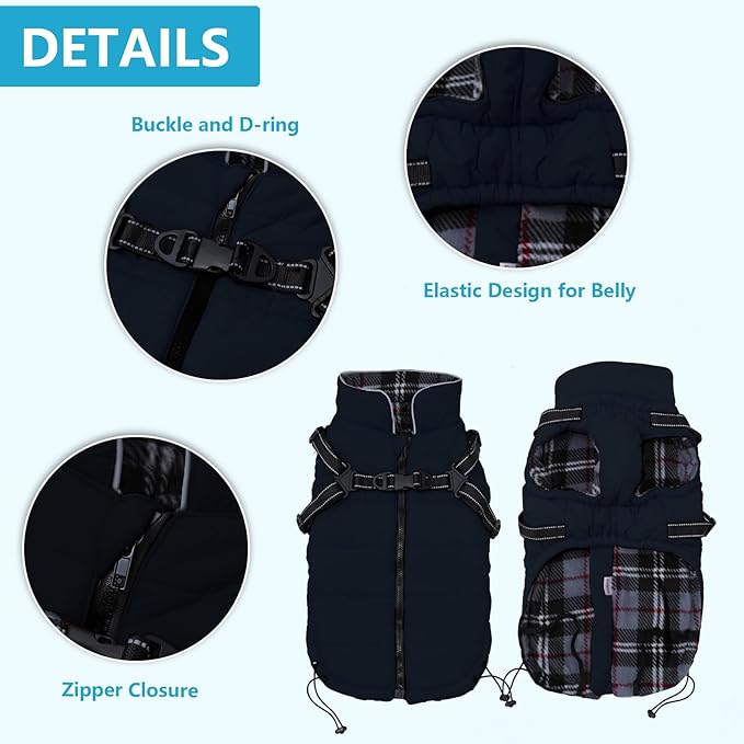 Geyecete Winter Warm Coat Waterproof Jacket with Harness Traction Belt,Pet Outdoor Jacket for Small Dogs-Navy
