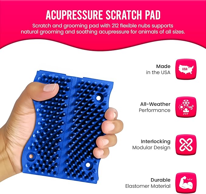 The Original ScratchnAll Animal Scratch Pad, Flexible Acupressure Nubs & Interlocking Design, Very Durable & All-Weather, Great for Domestic, Barnyard and Zoo Animals - USA Made, Blue (4 Pack)