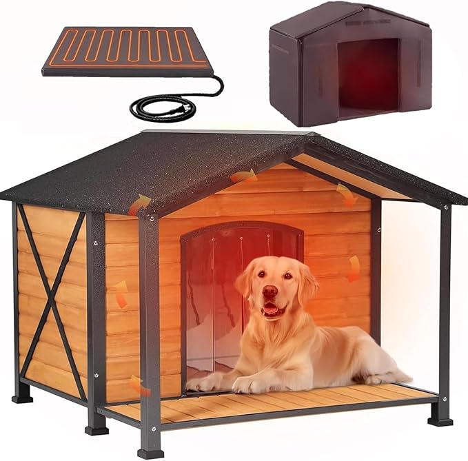 GUTINNEEN Dog House for Outdoor Use, Large Heated Dog Shelter with Durable Metal Frame for Weatherproof Dog Kennel for Winter with Insulated Liner and Heating Pad for Large Dogs(Brown