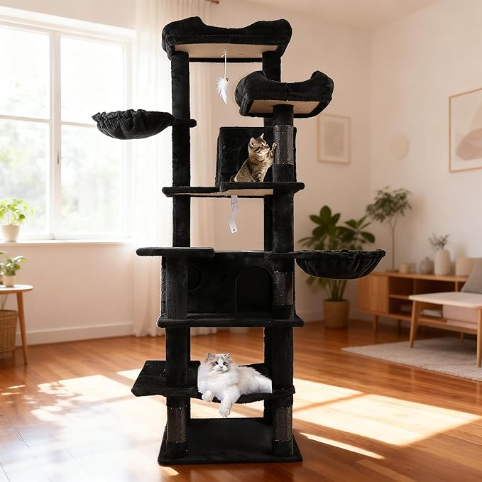 68" Black Cute Cat Tree for Indoor Cats Large Adult, Tall Cat Tower with Scratching Post & Condo, Hammock, Aesthetic Cats Stand, Modern, Easy Assembly (Black, 68" Tall)