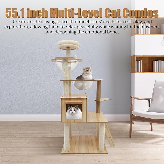 Cat Tower Floor Mount Cat Tree 55.1 in Multi-Level Cat Condos with Scratching Post and Comfortable Plush Hammock 5 Tires Cat Tree for Indoor Cats