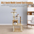 Cat Tower Floor Mount Cat Tree 55.1 in Multi-Level Cat Condos with Scratching Post and Comfortable Plush Hammock 5 Tires Cat Tree for Indoor Cats