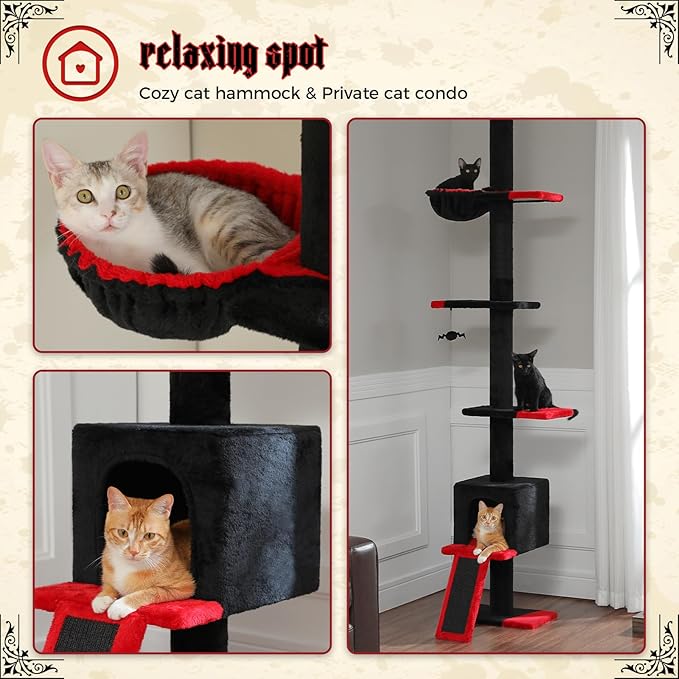 PETEPELA Floor to Ceiling Cat Tree[83"-108"], Cat Tower 5 Levels, Height Adjustable, Cat Scratching Post with Top Perches and Spacious Condo for Large Indoor Cats, Black