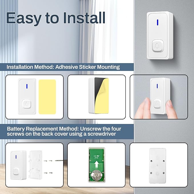 BN-LINK Wireless Doorbell with 2 Buttons, Mini Waterproof Door Bell Easy Installation, 1000Ft Range, Adjustable Volume & 58 Chimes, LED Flash, Perfect for Homes, Offices, Apartments (White)