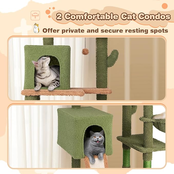 Tangkula Cactus Cat Tree, 63 Inch Tall Cat Tower with Sisal Scratching Posts, 2 Perches, 2 Cat Condos, Hammock, 2 Balls, Ramp, Washable Cushions, Green Cute Cat Tree Tower for Indoor Cats