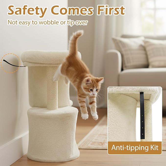 Tangkula Small Cat Tree for Indoor Cats, 26 Inch Cat Tower with Sisal Scratching Posts, Dual Cat Condos with Large Padded Push Perch, Modern Cat Climbing Furniture Activity Center (Beige)