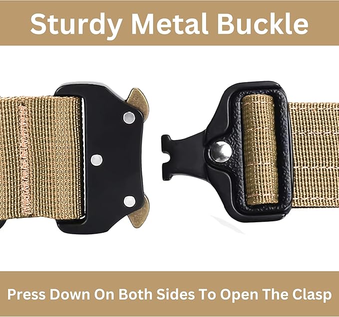 Heavy Duty Tactical Dog Collar, Adjustable Nylon with Metal Buckle, Multiple Colors (Tan, XL)