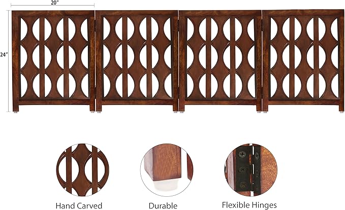 Wooden Foldable Pet Dog Safety Gate - 4 Panels Arc 20 W x 24 H- Hand Carved Solid Wood & MDF- Free Standing Portable Indoor Doorway Hall Stairs Puppy Fence -Fully Assembled- Cinnamon Brown -IRONGATE