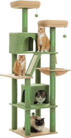 PEQULTI 71'' Cat Tree for Indoor Cats with Big Hammock, Tall Cat Tower for Large Cats with 2 Cat Condo, 2 Soft Top Perch, Scratching Posts and Pad, Green