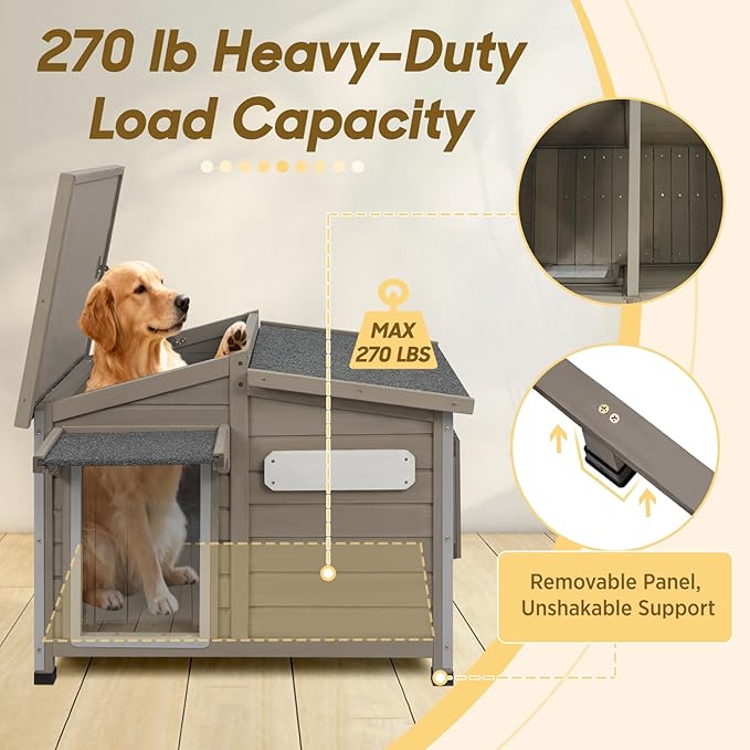 Outdoor Wooden Dog House for Small & Medium Dogs, Weatherproof Winter Dog Kennel with Openable Roof & Window, Chew-Resistant Frame, Cozy Indoor Shelter