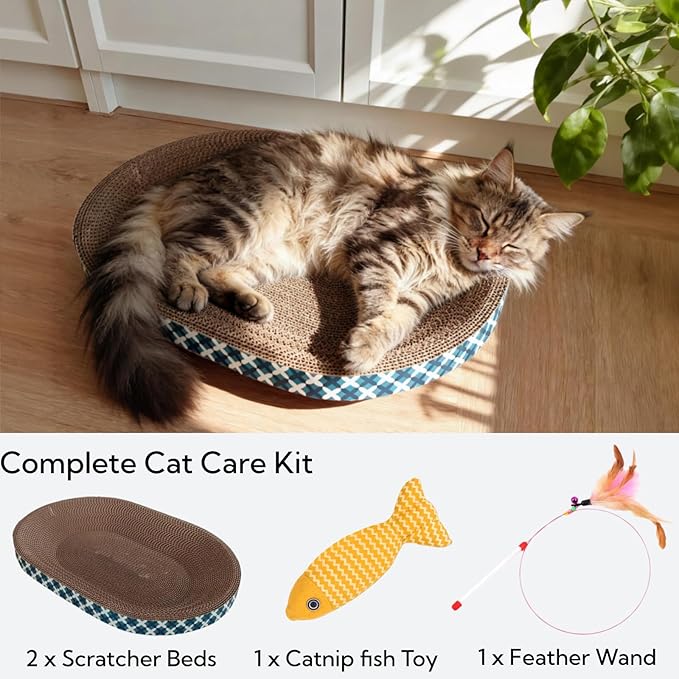 Cat Scratcher Bed with Toys, 2 Pack Oval Cat Scratcher Cardboard, Indoor Cat Scratch Bowl, Large Pad Cat Scratching Board with Catnip Fish Toy & Feather Wand for Furniture Protector