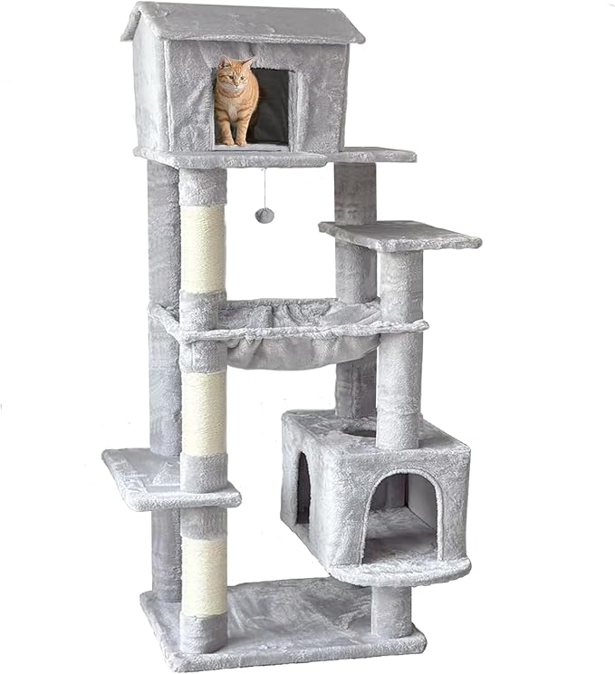 64in Multi-Level Cat Tree for Indoor Cats - Plush Gray Cat Tower with Hammock, Sisal Scratching Posts & Cozy Cat House, Ideal for Multiple Cats, 5-Level Cat Furniture with Dangling Toy
