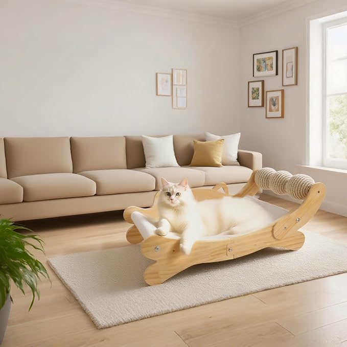 3-in-1 Cat Scratcher Bed for Indoor Cats Sisal Scratcher & Hammock Lounge with Solid Wooden Perch, No-Tip Stable Base for Large Cats, Durable Cat Scratch Pad & Cat Furniture (Easy Assembly)