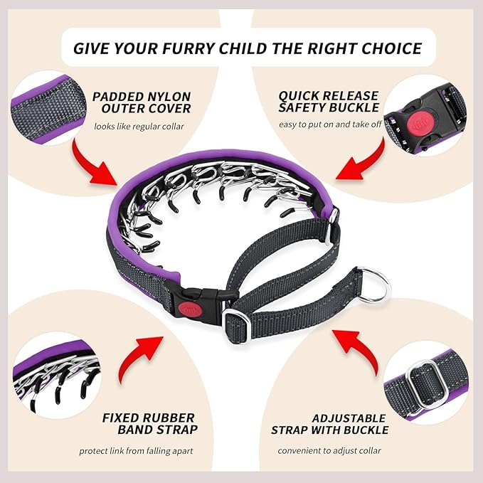 Martingale No Pull Dog Collar for Large Medium Small Dogs, Heavy Duty Nylon Reflective Adjustable Anti Pull Slip Collar with Buckle for Training Walking L Black Purple