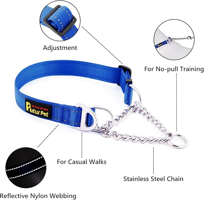 Plutus Pet Martingale Dog Collar with Stainless Steel Chain and Reflective Nylon, Adjustable No Pull Training Collar, for Small Medium, and Large Dogs, Royal Blue, S