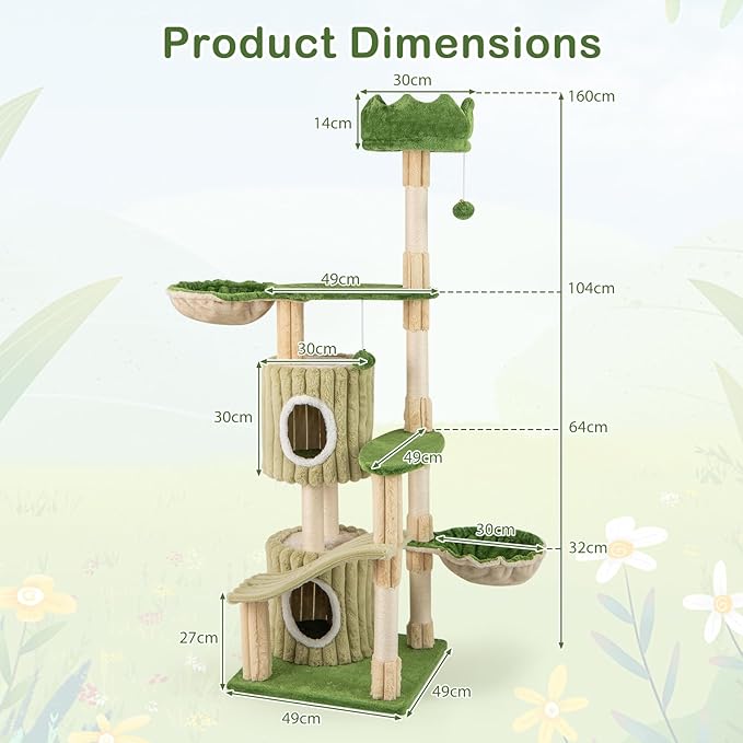 PETSITE 63 inch Tall Cat Tree, Multi-Level Aesthetic Stripped Cat Tower with Sisal Scratching Posts, 2 Condos, 2 Side Baskets, and 2 Dangling Balls, Indoor Green Cat Tree Tower for Indoor Cats