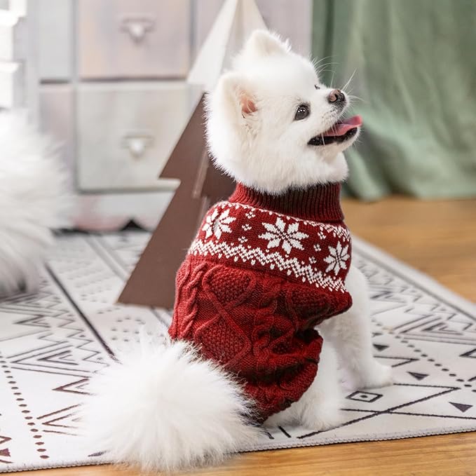 Warm Winter Pink Dog Sweater - Cold Weather Pet Clothes for Small Medium Large Dogs Indoor Outdoor, Soft Classic Knit Puppy Apparel Coat, Dark Red, XS