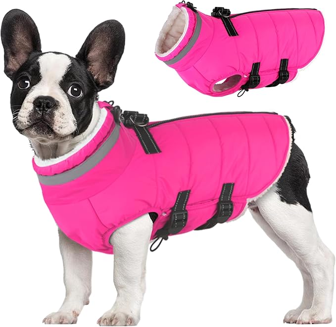 Mklhgty Small Dog Coat with Harness Built-in, Waterproof Reflective Fleece Lined - Warm Windproof Winter Jacket with Back Zipper, Cold Weather Snow Dog Coats - Pink - S