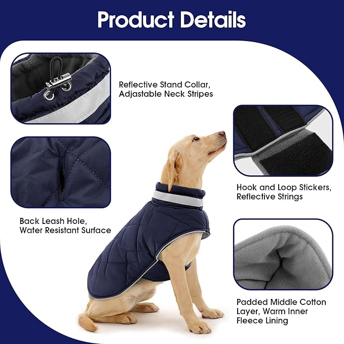 KAMA BRIDAL Dog Winter Coat Warm Padded Puppy Jacket Windproof Water Resistant Clothes for Small Medium Large Pets Christmas Sweater Outfit Vest(DarkBlue, S)