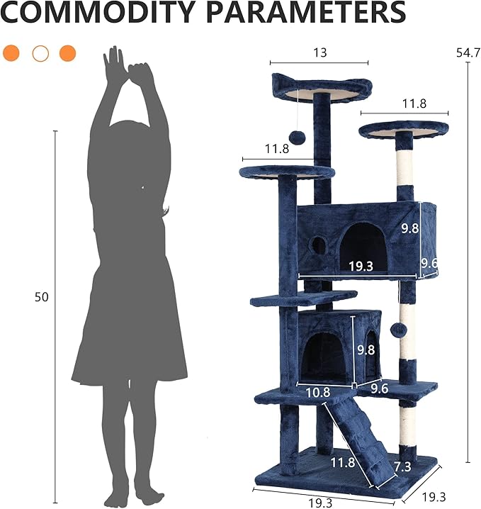 BLKMTY Cat Tree 54" Tall Cats Tower Large Cat Condo Climber Cats Climbing Stand with Top Perches Playhouse and Climbing Ladder Kitty Activity Tree w/Scratching Post Toys, Navy Blue