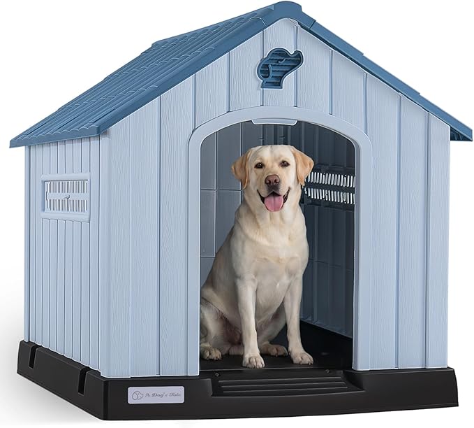 LEMBERI Durable Waterproof Plastic Dog House for Small to Medium Sized Dogs, Indoor Outdoor Doghouse with Air Vents and Elevated Floor, Easy to Assemble (Blue, 33.5" L x 31.5" W x 33.9" H)
