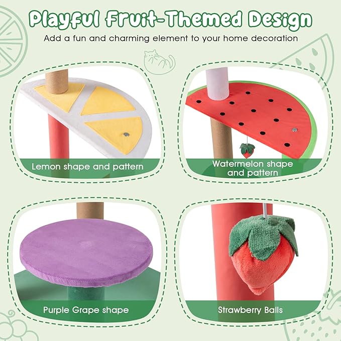 Tangkula Fruit Cat Tree, Multi-Level Cute Cat Tower with Scratching Posts, Padded Top Perch, Strawberry Dangling Balls, Watermelon & Lemon Shaped Platform, Chic Cat Tree for Indoor Cats