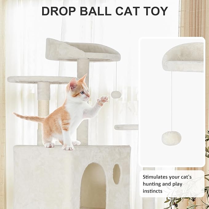 62" Multi-Level Cat Tree Tower with Scratching Posts, Toys & Condo,Compact Floor Footprint & Vertical Space for Multi-Cat HomesSpace-Saving Design for Indoor Kittens-Beige