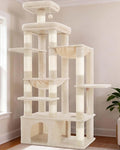 Heybly Cat Tree, 71-Inch Tall Cat Tower for Large Maine Coon Cats with Extra-Large Baseboard, Cat Condo Furniture with Multi-Level Platforms, 2 Hammocks and 12 Scratching Posts, Beige HCT037M