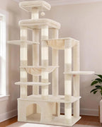 Heybly Cat Tree, 71-Inch Tall Cat Tower for Large Maine Coon Cats with Extra-Large Baseboard, Cat Condo Furniture with Multi-Level Platforms, 2 Hammocks and 12 Scratching Posts, Beige HCT037M