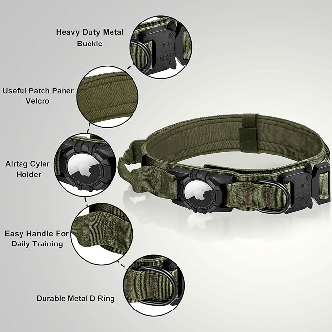 Tactical AirTag Dog Collar - Heavy Duty, Adjustable GPS Collar Compatible with Apple AirTag, with Holder & Control Handle for Medium/Large Dogs [ Green, L ]