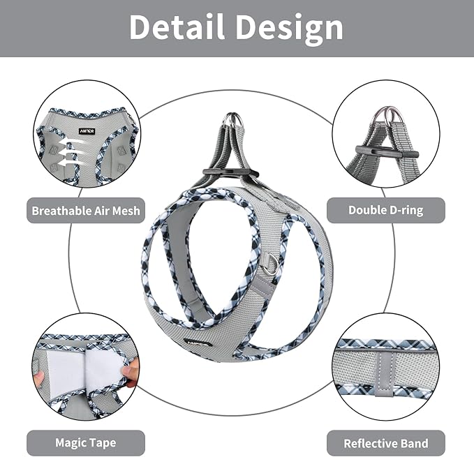 AMTOR Small Dog Harness with Leash Set, No Escape Easy Walk Puppy Harnesses for Training Walking, Step-in Reflective Soft Dogs Vest for XS S Medium Extra-Small Large Sized Dog(S,Grey)