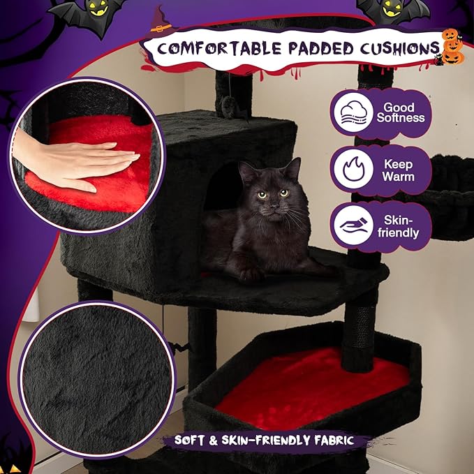 Tangkula Gothic Cat Tree, 83 Inch Tall Cat Tower with Sisal Covered Scratching Posts, 2 Coffin Beds, 2 Cat Condos, Hammock, Basket Bed, Halloween Pet Furniture, Black Goth Cat Tree for Indoor Cats