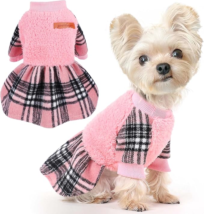 Dog Sweater Dog Winter Clothes for Small Dogs Boy Girl Fall Puppy Dress Warm Fleece Chihuahua Yorkie Teacup Doggie Sweaters Dresses Doggy Sweater for Small Dogs Girl Cat Outfits, Pink Plaid, M