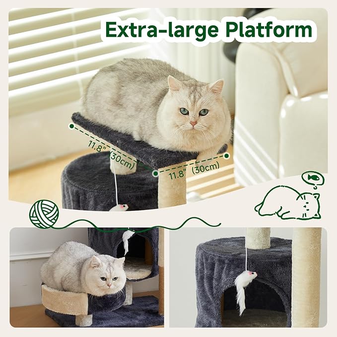 Cat Tree Tower with Scratching Posts, Condo, Perch, Hanging Toy, Multi-Level, Beige and Dark Gray