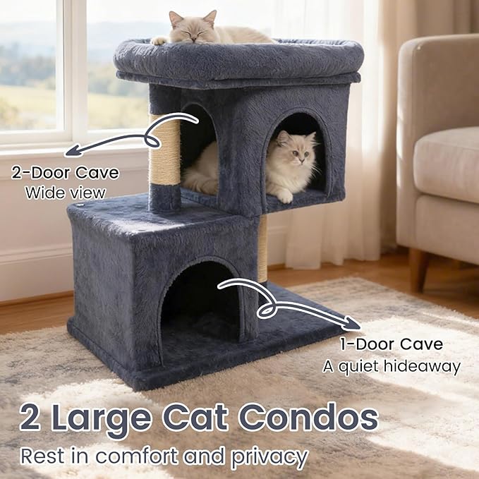 Tangkula Small Cat Tree for Indoor Cats, 25.5 Inch Cat Tower with Sisal Scratching Posts, 2 Large Cat Condos with Padded Top Perch, Modern Cat Climbing Furniture for Adult Cats & Kittens (Dark Gray)