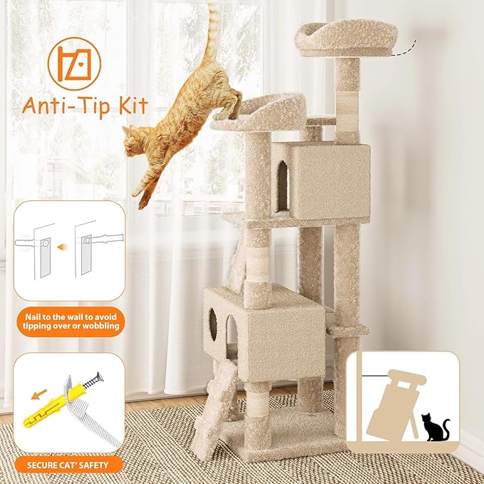 63 Inches Multi-Level Cat Tree Tower with Condo, Plush Perches, Scratching Posts, Hammocks, and Play House, Beige