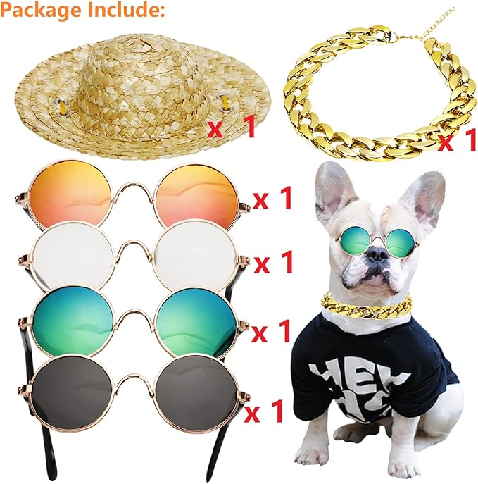 6PCS Pet Dog Cat Costume, Retro Pet Sunglasses, Adjustable Gold Chain Collar & Straw Hat, Funny Pet Accessories for Cat Puppy Small Medium Dog Birthday Cosplay Party
