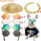 6PCS Pet Dog Cat Costume, Retro Pet Sunglasses, Adjustable Gold Chain Collar & Straw Hat, Funny Pet Accessories for Cat Puppy Small Medium Dog Birthday Cosplay Party