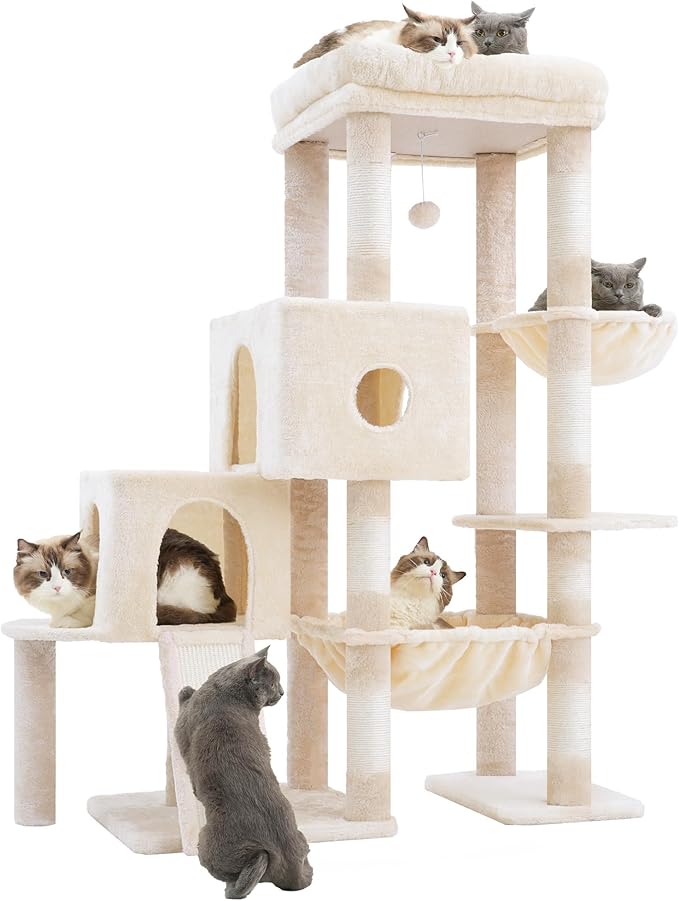 Hey-brother Cat Tree Tower, Scratching Posts with Big Platform, 2 Condos, Spacious Hammock, Cozy Basket, Sisal Board for Indoor Large Adults, 50 Inches Progressive Climbing House, Beige MPJ071M