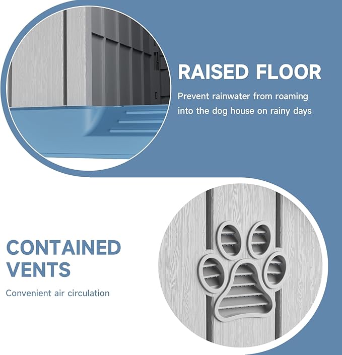Small Dog House Indoor，Weatherproof Resin Outdoor Dog House with Elevated Floor and Air Vents, Medium Small Dog Kennel Outside (Light Blue, 26.26" L×24.57" W×25.83" H)