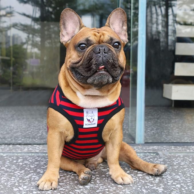 iChoue French Bulldog 100% Breathable Cotton Striped T Shirts Halloween Vest Clothes for Small Dogs Tank Tops Puppy Frenchie Pug English Boston Terrier Pitbull Red Blue Stripes - Medium