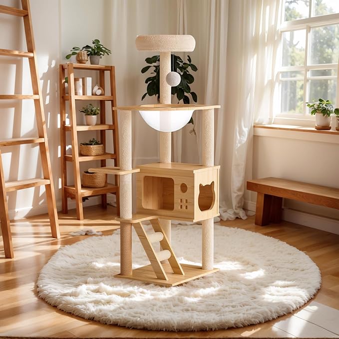 48.8" Modern Cat Tree Tower with Sisal Scratching Posts, Wood Cat Condo with Top Perch and Acrylic Hammock for Indoor Cats (Natural 1)